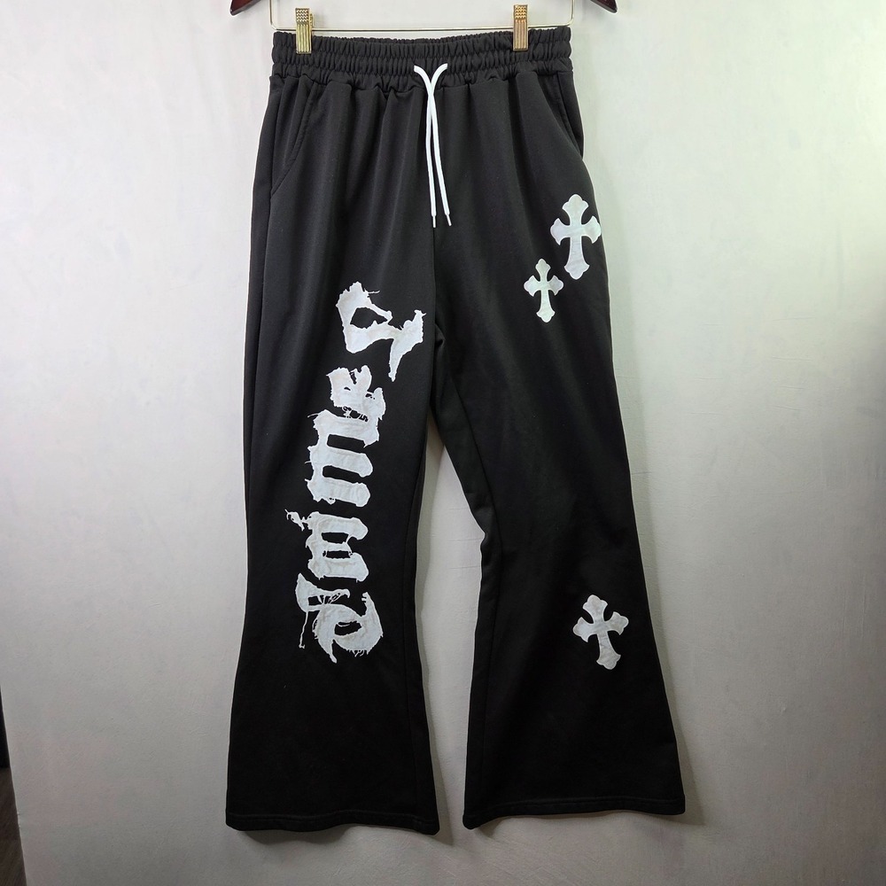 Manfinity Sweatpant Women Medium Black Gothic Cross Graphic Streetwear Flare Leg